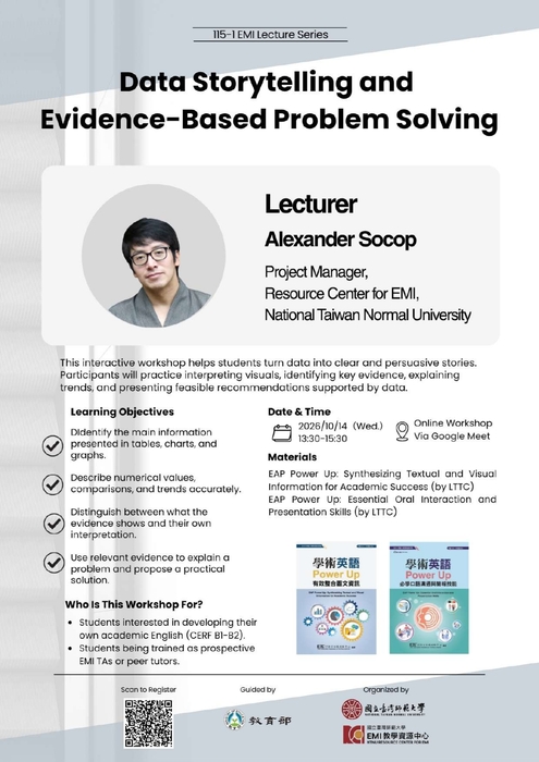 【雙語計畫-師生活動】轉知：國立臺灣師範大學EMI中心於115-1辦理「成果發表暨國際研討會」、「論文徵稿」、「EMI教師教學增能及教學助理培訓系列講座」及「跨校公開觀議課」。圖片