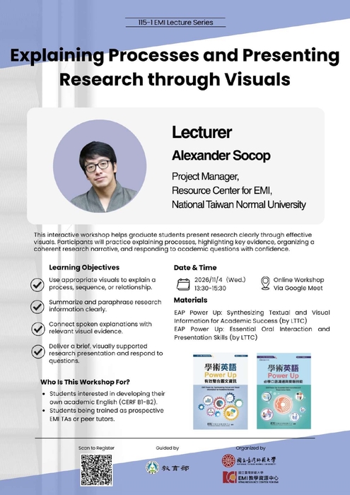 【雙語計畫-師生活動】轉知：國立臺灣師範大學EMI中心於115-1辦理「成果發表暨國際研討會」、「論文徵稿」、「EMI教師教學增能及教學助理培訓系列講座」及「跨校公開觀議課」。圖片
