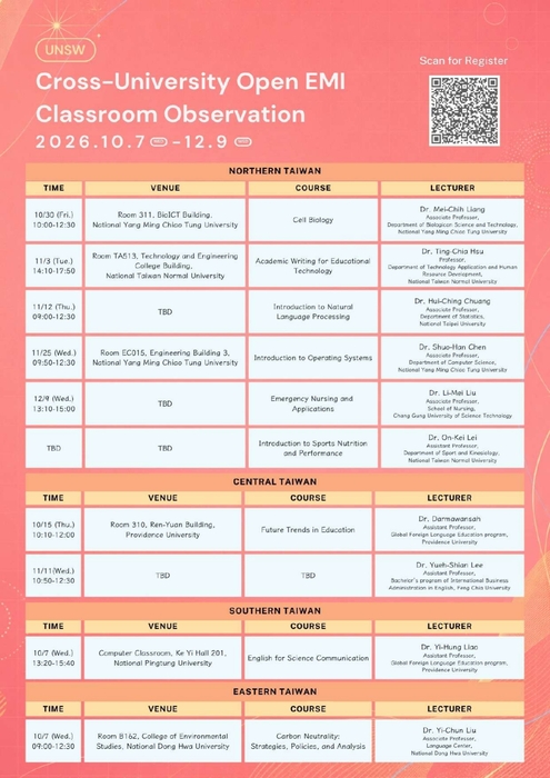 【雙語計畫-師生活動】轉知：國立臺灣師範大學EMI中心於115-1辦理「成果發表暨國際研討會」、「論文徵稿」、「EMI教師教學增能及教學助理培訓系列講座」及「跨校公開觀議課」。圖片