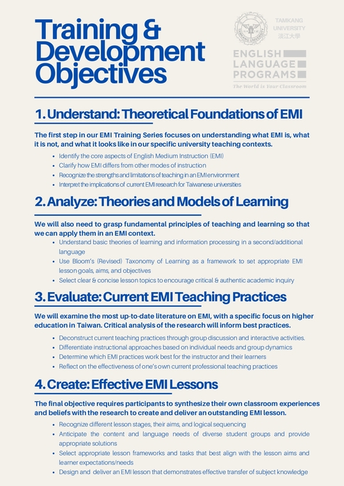 【雙語計畫-教師活動】轉知：淡江大學全英語教學推動中心辦理「EMI教師專業培訓課程」，請惠予公告周知並鼓勵教師報名參加，請查照。圖片