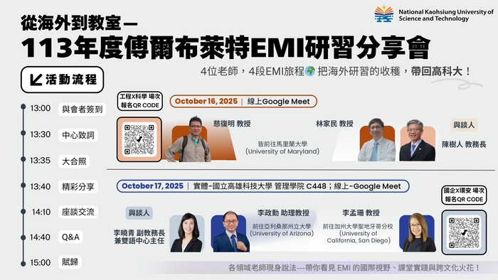 【雙語計畫-教師活動】轉知:檢送國立高雄科技大學辦理「從海外到教室 — 113年度傅爾布萊特 EMI 研習分享會」EMI系列工作坊相關資訊,請查照。圖片