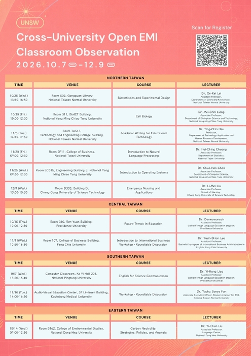 【雙語計畫-教師活動】轉知：檢送高雄醫學大學與國立臺灣師範大學EMI教學資源中心共同辦理「UNSW EMI專業交流活動」資訊，敬請惠予公告並鼓勵貴校教師踴躍參加，請查照。圖片